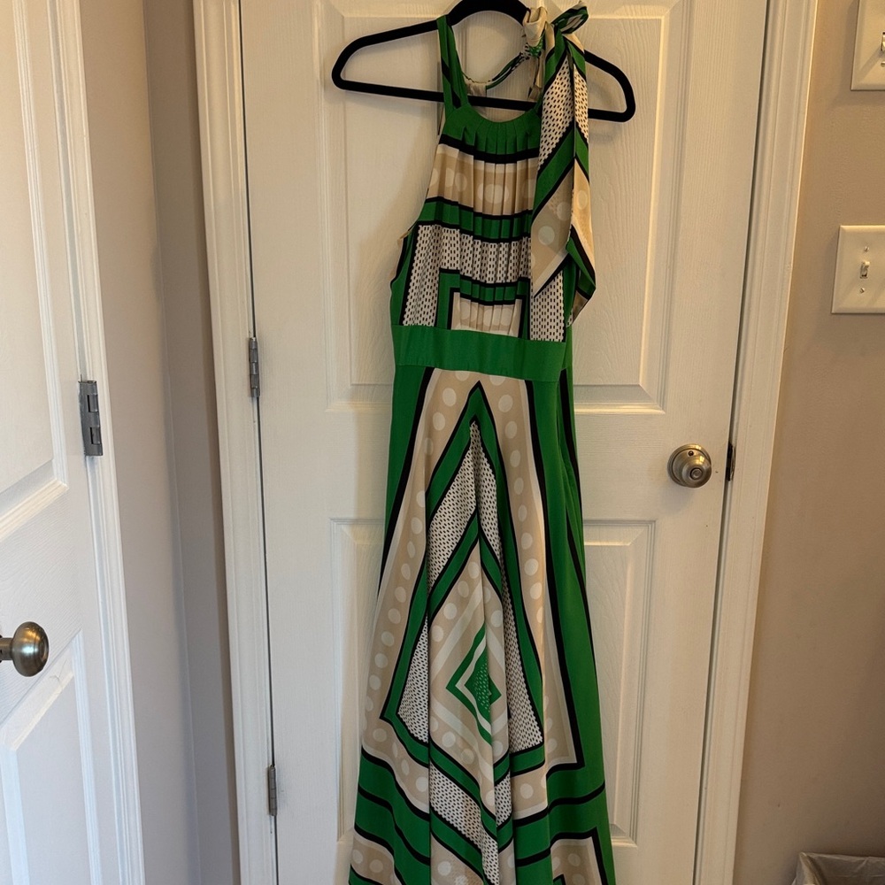 Eliza J dramatic halter  Dress in Green and Cream